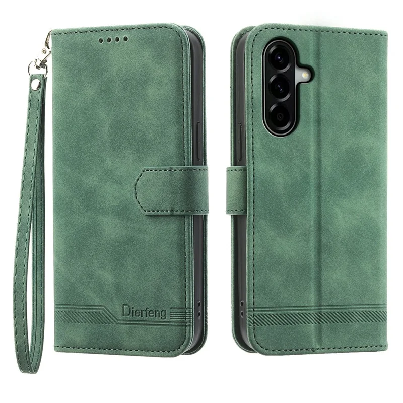 DIERFENG DF-03 Funda para Samsung Galaxy A37 con diseño de líneas impresas, carcasa de cuero PU con billetera y correa de muñeca - Verde