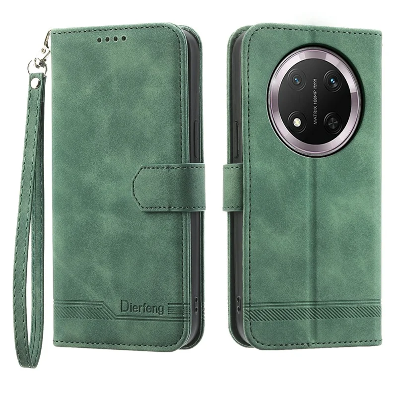 Funda de cuero DIERFENG DF-03 para Honor Magic8 Lite 5G / X70 5G / X9d 5G con diseño de líneas, tipo cartera con correa de muñeca - Verde
