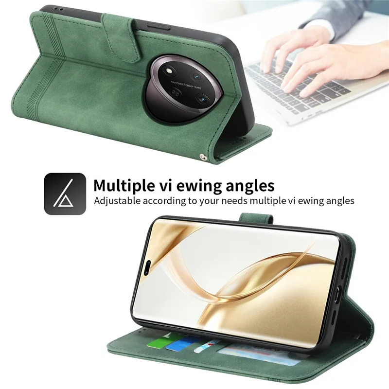 Funda de cuero DIERFENG DF-03 para Honor Magic8 Lite 5G / X70 5G / X9d 5G con diseño de líneas, tipo cartera con correa de muñeca - Verde