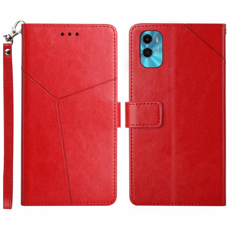 For Motorola Moto E22s 4G / E32 (India) 4G HT01 PU Leather Stand Case Magnetic Clasp Imprinted Y-Shaped Lines Wallet Phone Cover with Strap - Red