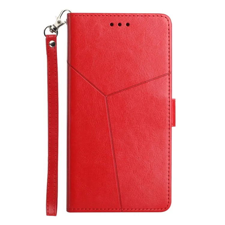 For Motorola Moto E22s 4G / E32 (India) 4G HT01 PU Leather Stand Case Magnetic Clasp Imprinted Y-Shaped Lines Wallet Phone Cover with Strap - Red