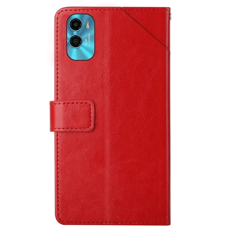 For Motorola Moto E22s 4G / E32 (India) 4G HT01 PU Leather Stand Case Magnetic Clasp Imprinted Y-Shaped Lines Wallet Phone Cover with Strap - Red