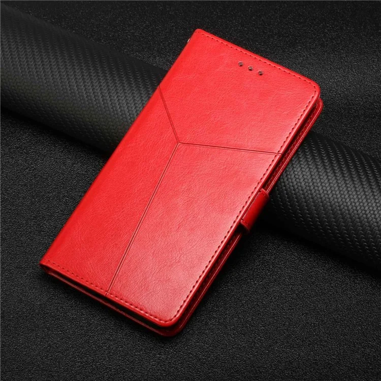 For Motorola Moto E22s 4G / E32 (India) 4G HT01 PU Leather Stand Case Magnetic Clasp Imprinted Y-Shaped Lines Wallet Phone Cover with Strap - Red