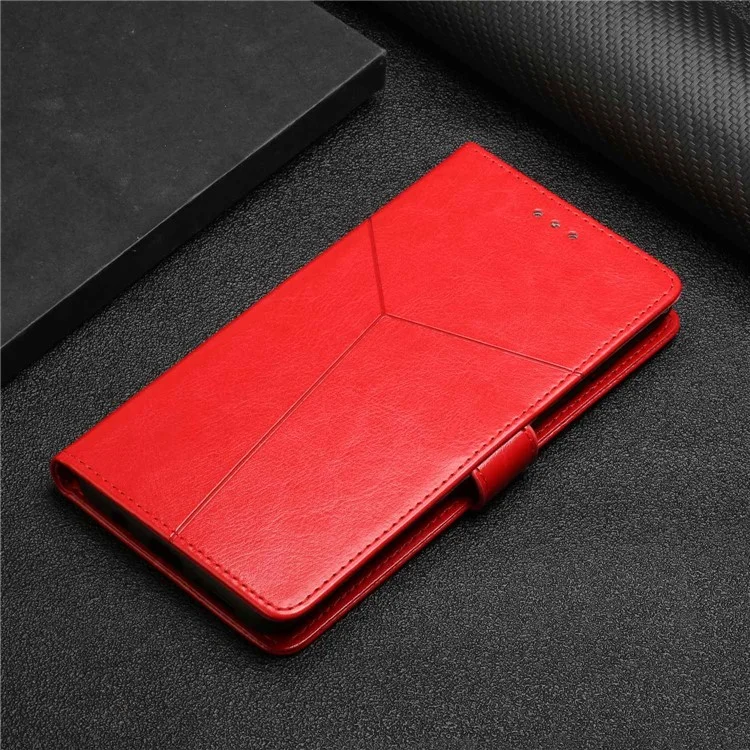 For Motorola Moto E22s 4G / E32 (India) 4G HT01 PU Leather Stand Case Magnetic Clasp Imprinted Y-Shaped Lines Wallet Phone Cover with Strap - Red