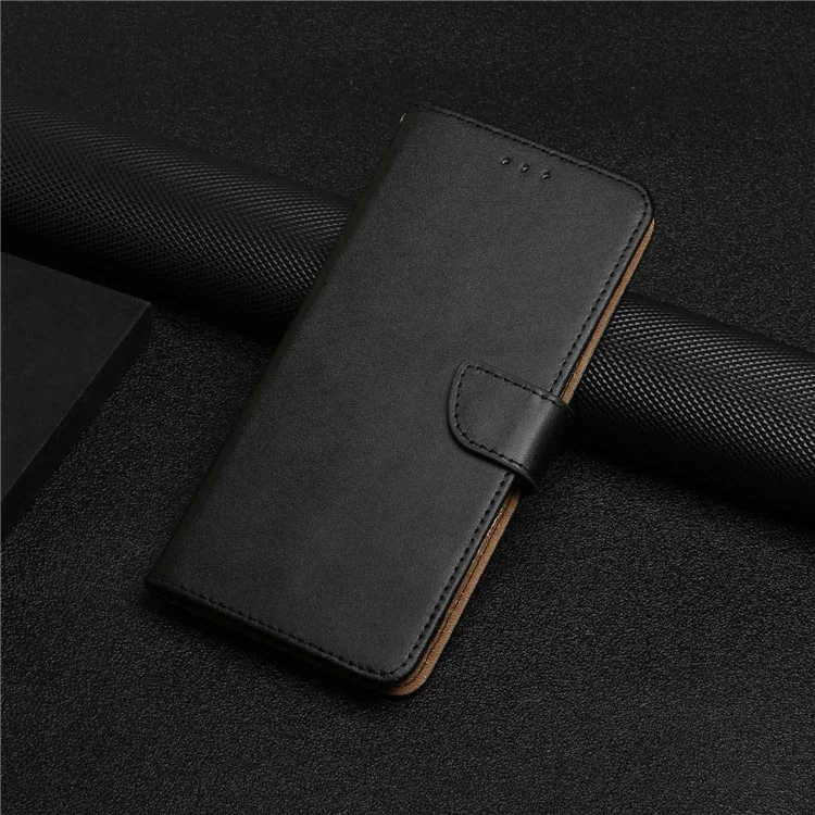 For Motorola Moto E22s 4G / E32 (India) 4G HT02 Genuine Leather Nappa Texture Wallet Case with Stand Function Flip Phone Cover Strong Magnetic Clasp Shell - Black