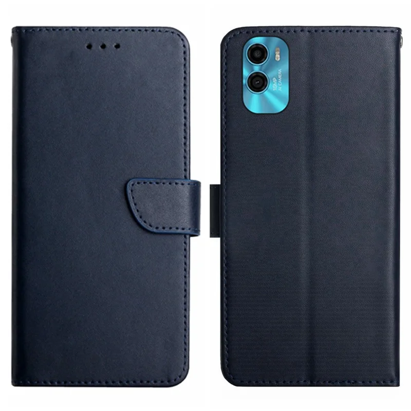 For Motorola Moto E22s 4G / E32 (India) 4G HT02 Genuine Leather Nappa Texture Wallet Case with Stand Function Flip Phone Cover Strong Magnetic Clasp Shell - Blue