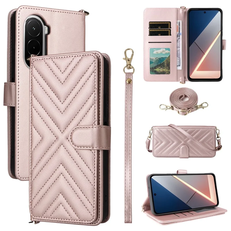 For Xiaomi Poco M7 4G (EU) (171mm) Leather Case Stand Wallet Phone Cover with Shoulder / Wrist Strap - Pink