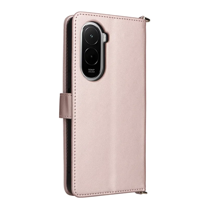 For Xiaomi Poco M7 4G (EU) (171mm) Leather Case Stand Wallet Phone Cover with Shoulder / Wrist Strap - Pink