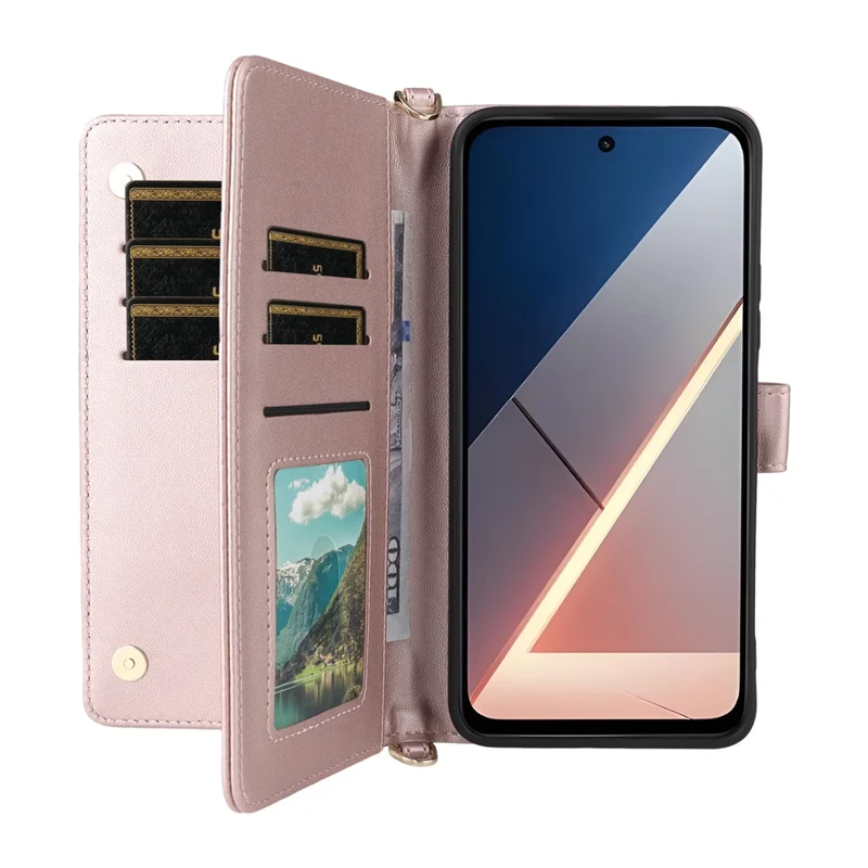For Xiaomi Poco M7 4G (EU) (171mm) Leather Case Stand Wallet Phone Cover with Shoulder / Wrist Strap - Pink