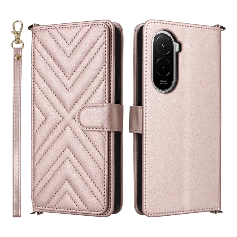 For Xiaomi Poco M7 4G (EU) (171mm) Leather Case Stand Wallet Phone Cover with Shoulder / Wrist Strap - Pink