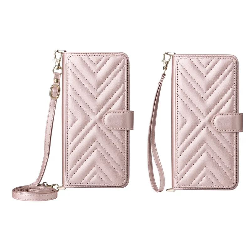 For Xiaomi Poco M7 4G (EU) (171mm) Leather Case Stand Wallet Phone Cover with Shoulder / Wrist Strap - Pink