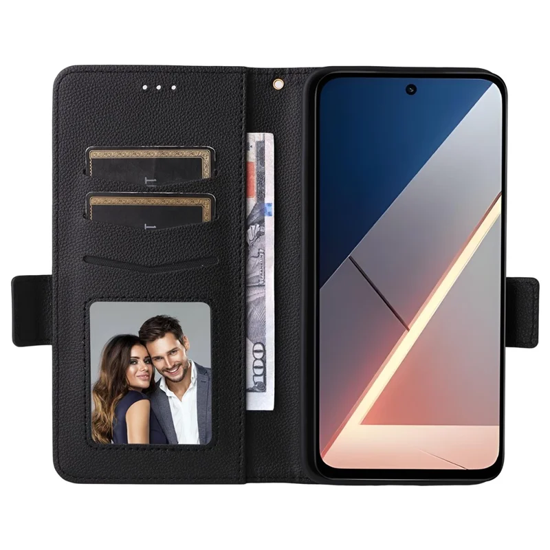 For Xiaomi Poco M7 4G (EU) (171mm) Case Litchi Texture Wallet Leather Phone Cover with Wrist Strap - Black