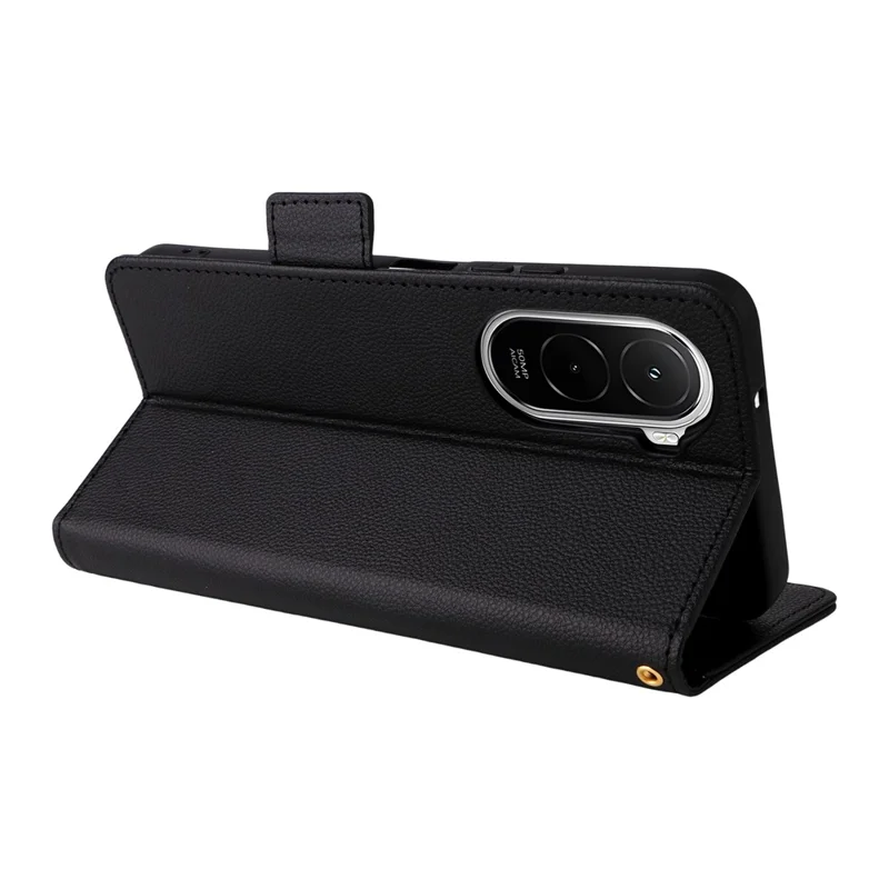 For Xiaomi Poco M7 4G (EU) (171mm) Case Litchi Texture Wallet Leather Phone Cover with Wrist Strap - Black