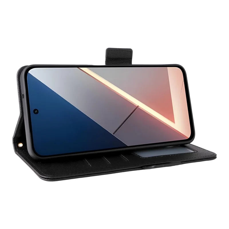 For Xiaomi Poco M7 4G (EU) (171mm) Case Litchi Texture Wallet Leather Phone Cover with Wrist Strap - Black