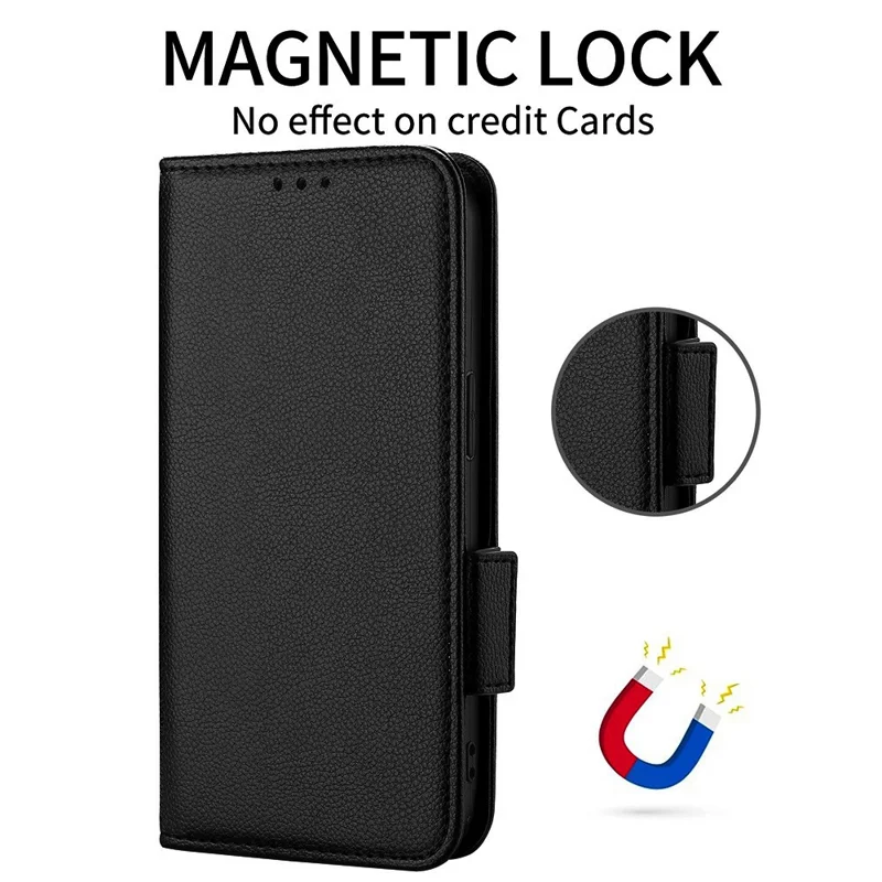 For Xiaomi Poco M7 4G (EU) (171mm) Case Litchi Texture Wallet Leather Phone Cover with Wrist Strap - Black