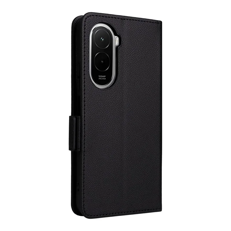 For Xiaomi Poco M7 4G (EU) (171mm) Case Litchi Texture Wallet Leather Phone Cover with Wrist Strap - Black