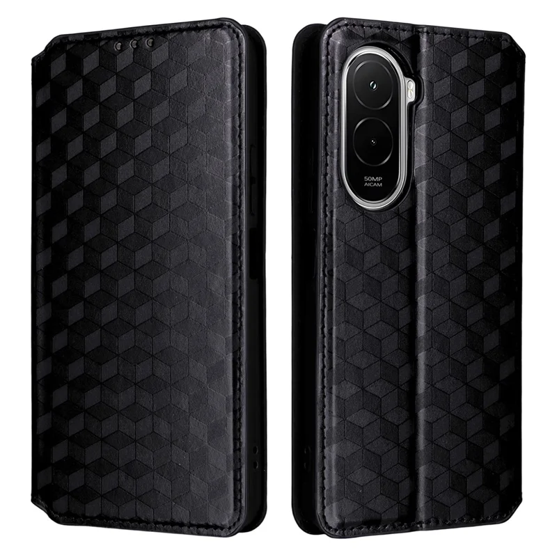 For Xiaomi Poco M7 4G (EU) (171mm) Case Wallet Rhombus Imprinted PU Leather Phone Cover - Black