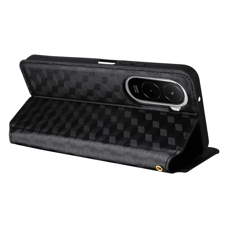 For Xiaomi Poco M7 4G (EU) (171mm) Case Wallet Rhombus Imprinted PU Leather Phone Cover - Black