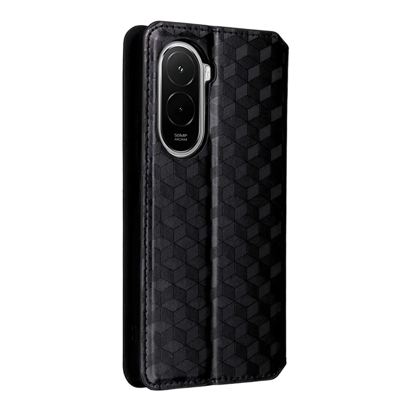 For Xiaomi Poco M7 4G (EU) (171mm) Case Wallet Rhombus Imprinted PU Leather Phone Cover - Black