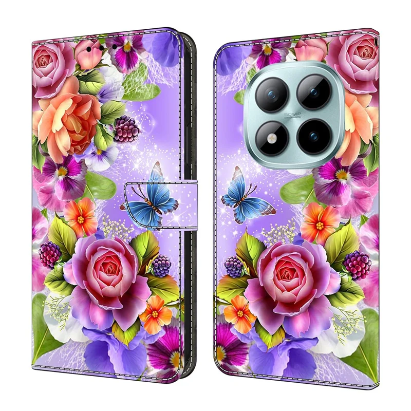Til Xiaomi Redmi Note 15 Pro 5G tegnebogscover med mønsterprint i PU-læder klaphylster med stander - Blomster