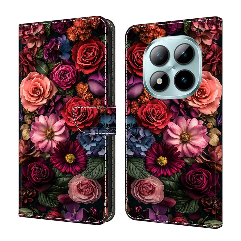 غطاء محفظة لهاتف شاومي ريدمي نوت 15 برو بلس 5G بطباعة زهور، غطاء قلاب من جلد البولي يوريثان مع حامل قابل للطي