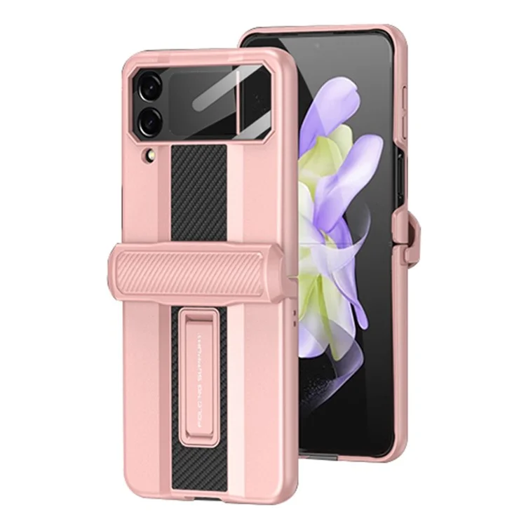 Serie GKK Super Car Per Samsung Galaxy Z Flip4 5G Canniera Magnetica Protezione Del Telefono Custodia in Fibra di Carbonio PC Copertina di Cablema Nascosta Con Vetro Temperato Film a Schermo Piccolo - Rosa