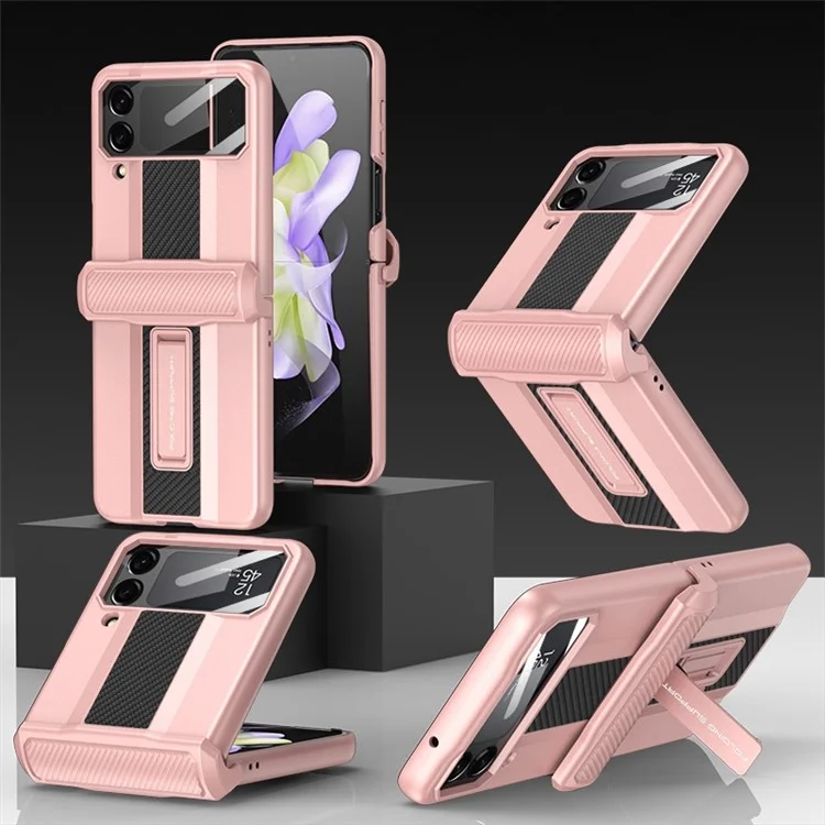 Serie GKK Super Car Per Samsung Galaxy Z Flip4 5G Canniera Magnetica Protezione Del Telefono Custodia in Fibra di Carbonio PC Copertina di Cablema Nascosta Con Vetro Temperato Film a Schermo Piccolo - Rosa