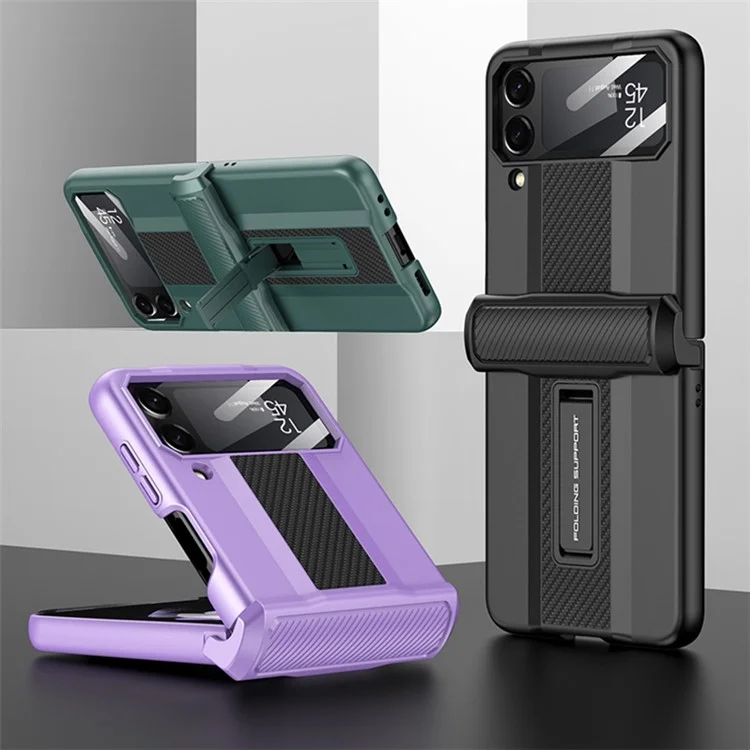 Serie GKK Super Car Per Samsung Galaxy Z Flip4 5G Canniera Magnetica Protezione Del Telefono Custodia in Fibra di Carbonio PC Copertina di Cablema Nascosta Con Vetro Temperato Film a Schermo Piccolo - Rosa