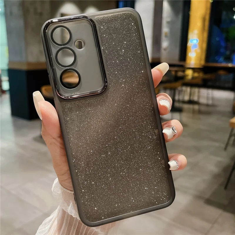 For Samsung Galaxy S25+ Case Clear TPU Phone Cover With Camera Lens Protector Glitter Sticker - Transparent Black