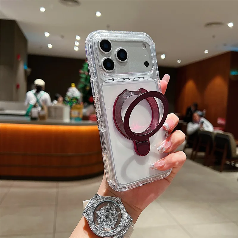 Cover per iPhone 17 Pro Max Compatibile con MagSafe con Supporto a Cavalletto Antiurto in PC + TPU Trasparente - Rosso Vino