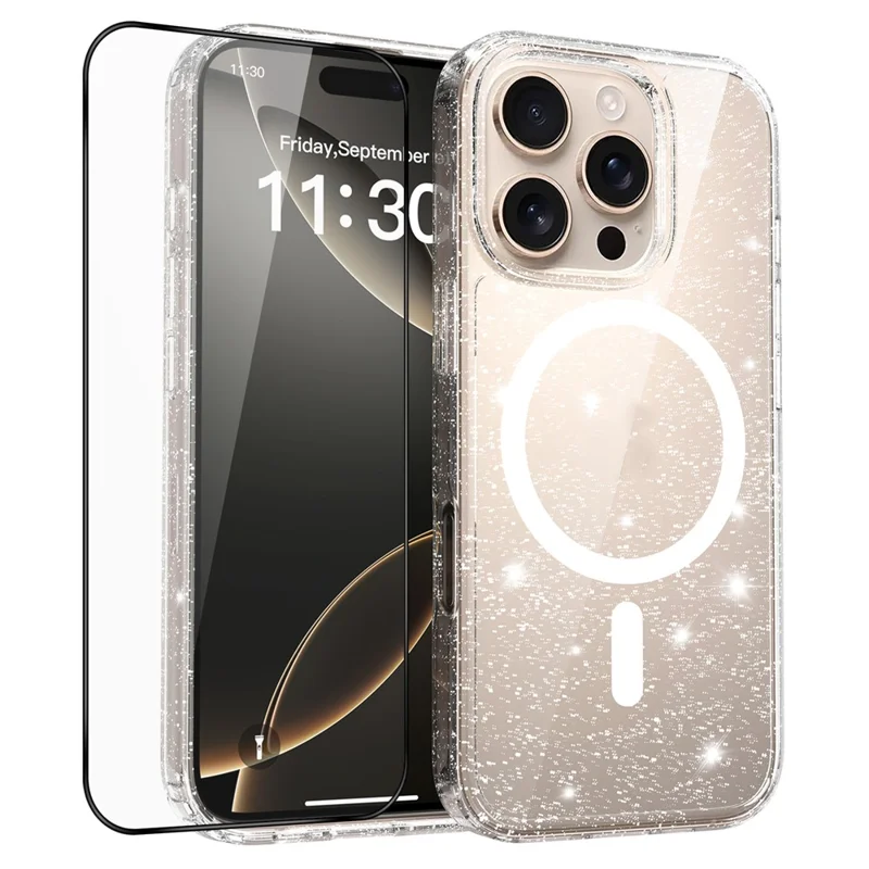 For iPhone 16 Pro Magenetic Case Glitter Powder TPU Scratch-proof Phone Cover with Tempered Glass Compatible with MagSafe - Transparent