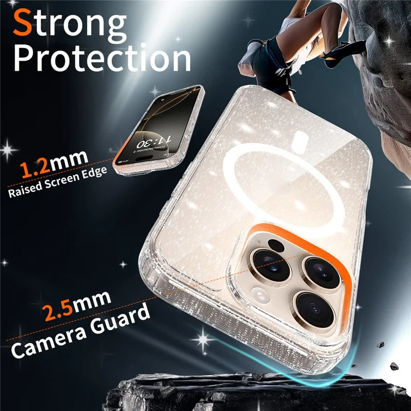 For iPhone 16 Pro Magenetic Case Glitter Powder TPU Scratch-proof Phone Cover with Tempered Glass Compatible with MagSafe - Transparent
