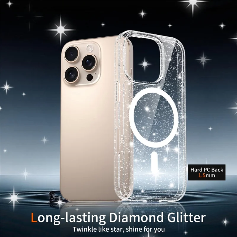For iPhone 16 Pro Magenetic Case Glitter Powder TPU Scratch-proof Phone Cover with Tempered Glass Compatible with MagSafe - Transparent
