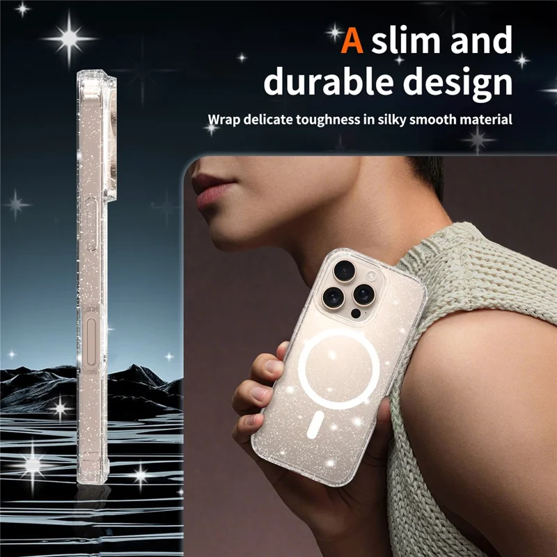 For iPhone 16 Pro Magenetic Case Glitter Powder TPU Scratch-proof Phone Cover with Tempered Glass Compatible with MagSafe - Transparent