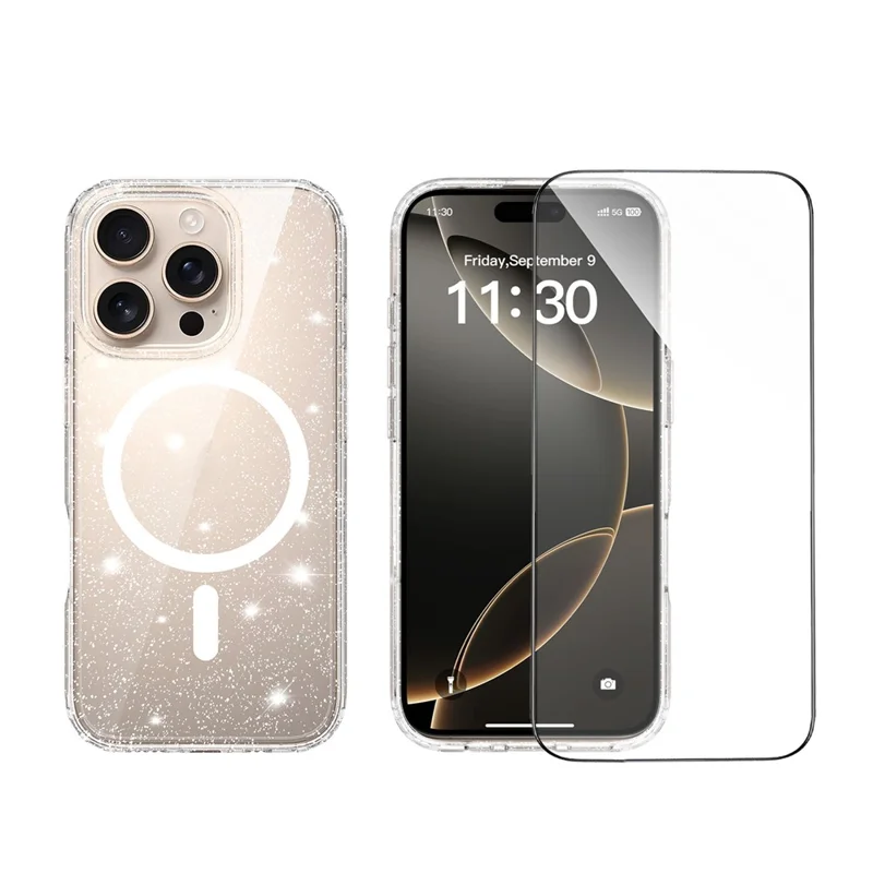 For iPhone 16 Pro Magenetic Case Glitter Powder TPU Scratch-proof Phone Cover with Tempered Glass Compatible with MagSafe - Transparent