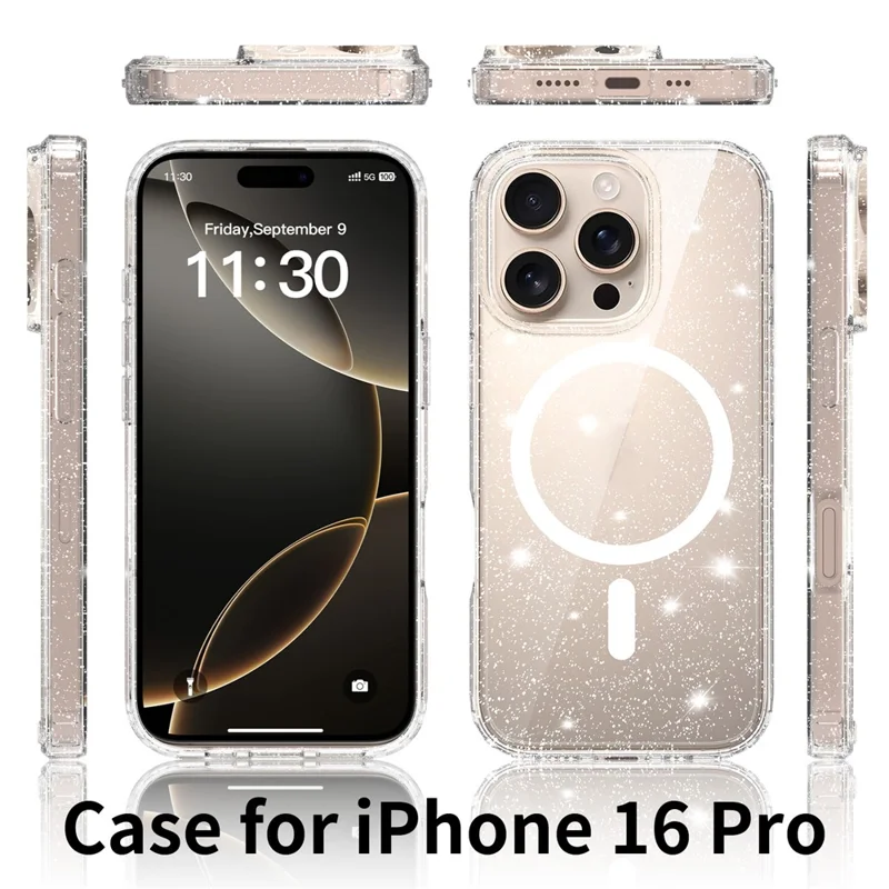 For iPhone 16 Pro Magenetic Case Glitter Powder TPU Scratch-proof Phone Cover with Tempered Glass Compatible with MagSafe - Transparent