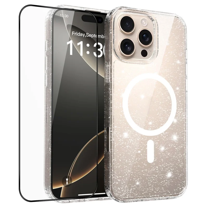 For iPhone 16 Pro Max Magenetic Case Glitter Powder TPU Scratch-proof Phone Cover with Tempered Glass Compatible with MagSafe   - Transparent