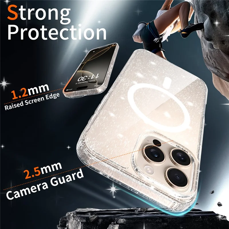 For iPhone 16 Pro Max Magenetic Case Glitter Powder TPU Scratch-proof Phone Cover with Tempered Glass Compatible with MagSafe   - Transparent