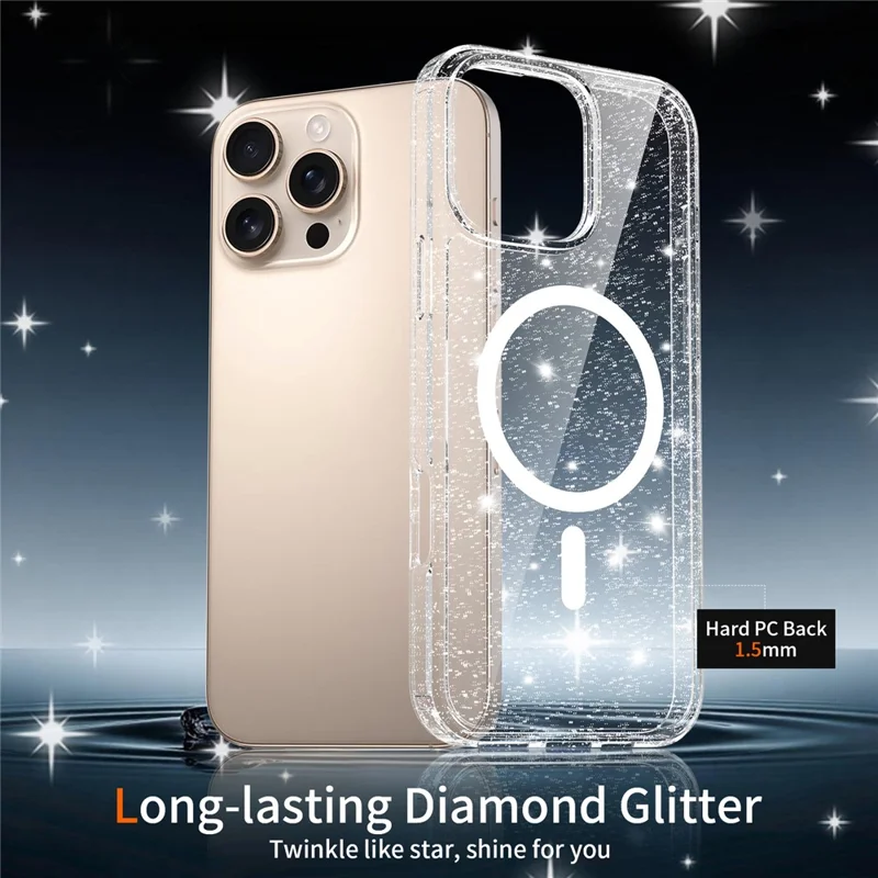 For iPhone 16 Pro Max Magenetic Case Glitter Powder TPU Scratch-proof Phone Cover with Tempered Glass Compatible with MagSafe   - Transparent