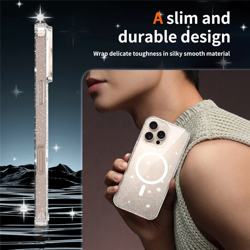 For iPhone 16 Pro Max Magenetic Case Glitter Powder TPU Scratch-proof Phone Cover with Tempered Glass Compatible with MagSafe   - Transparent
