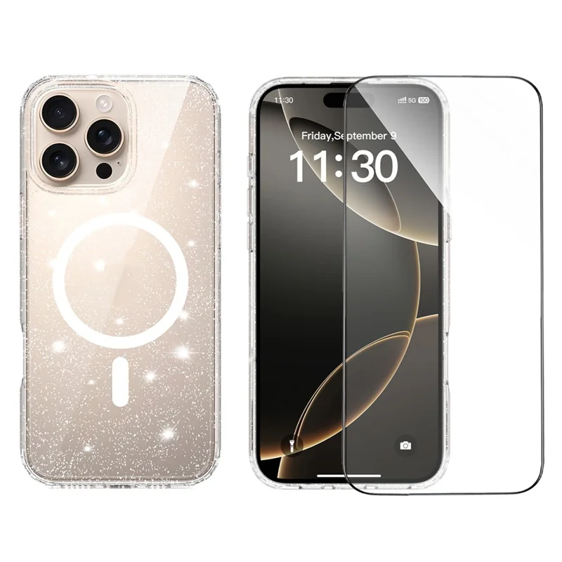 For iPhone 16 Pro Max Magenetic Case Glitter Powder TPU Scratch-proof Phone Cover with Tempered Glass Compatible with MagSafe   - Transparent