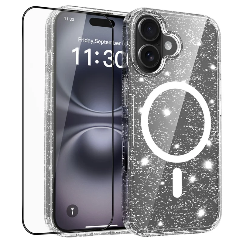 For iPhone 16 Magenetic Case Glitter Powder TPU Scratch-proof Phone Cover with Tempered Glass Compatible with MagSafe - Transparent
