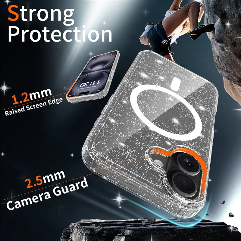 For iPhone 16 Magenetic Case Glitter Powder TPU Scratch-proof Phone Cover with Tempered Glass Compatible with MagSafe - Transparent