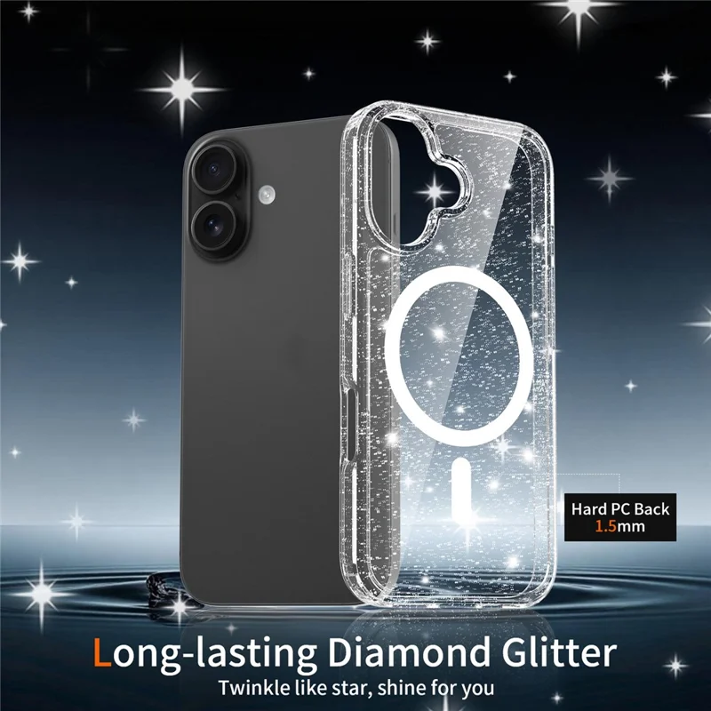 For iPhone 16 Magenetic Case Glitter Powder TPU Scratch-proof Phone Cover with Tempered Glass Compatible with MagSafe - Transparent