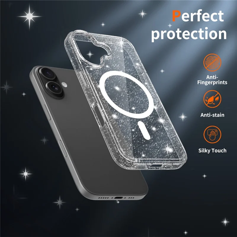 For iPhone 16 Magenetic Case Glitter Powder TPU Scratch-proof Phone Cover with Tempered Glass Compatible with MagSafe - Transparent