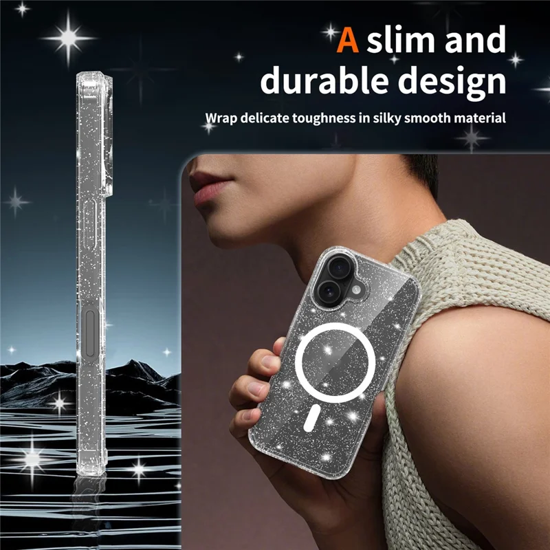 For iPhone 16 Magenetic Case Glitter Powder TPU Scratch-proof Phone Cover with Tempered Glass Compatible with MagSafe - Transparent