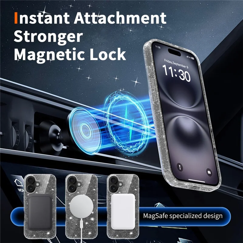 For iPhone 16 Magenetic Case Glitter Powder TPU Scratch-proof Phone Cover with Tempered Glass Compatible with MagSafe - Transparent