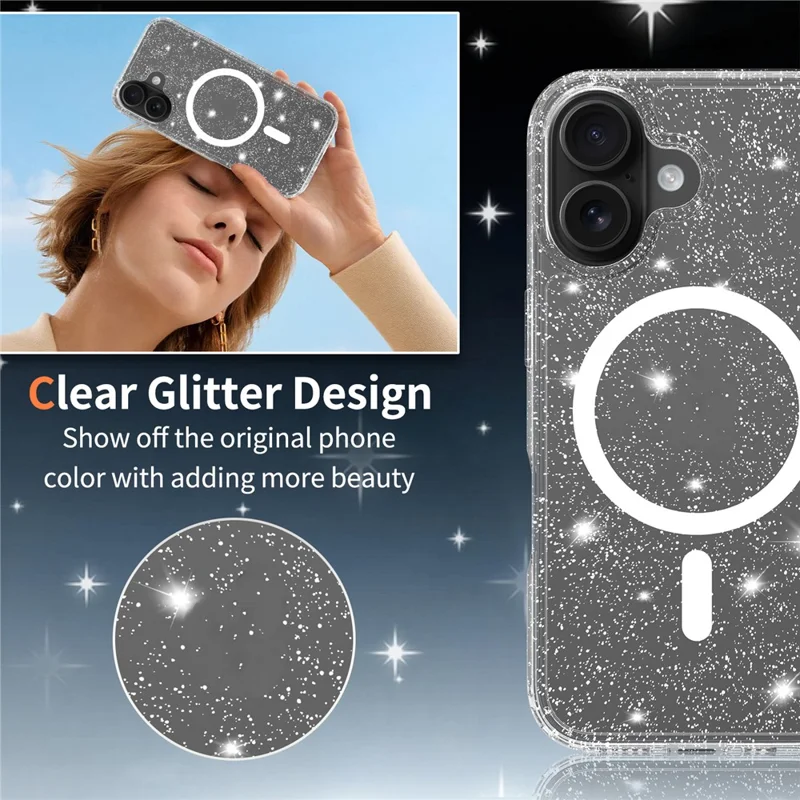 For iPhone 16 Magenetic Case Glitter Powder TPU Scratch-proof Phone Cover with Tempered Glass Compatible with MagSafe - Transparent