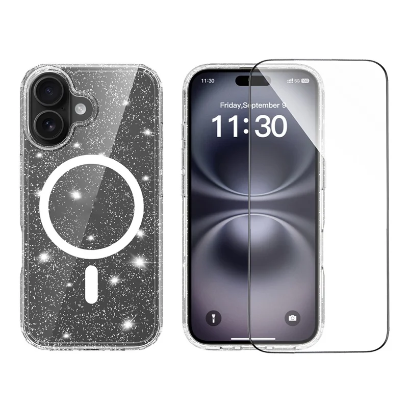 For iPhone 16 Magenetic Case Glitter Powder TPU Scratch-proof Phone Cover with Tempered Glass Compatible with MagSafe - Transparent