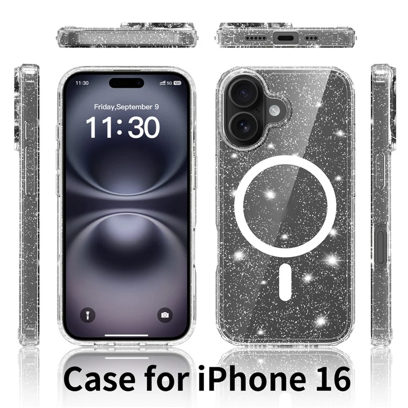 For iPhone 16 Magenetic Case Glitter Powder TPU Scratch-proof Phone Cover with Tempered Glass Compatible with MagSafe - Transparent